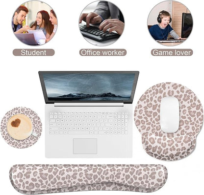 Ergonomic Mouse Pad with Wrist Rest and Keyboard Wrist Rest, Mousepad and Wrist Rest for Computer Keyboard, Pain Relief, Non-Slip Rubber Base, Mouse Pad with Wrist Support for Gaming, Leopard