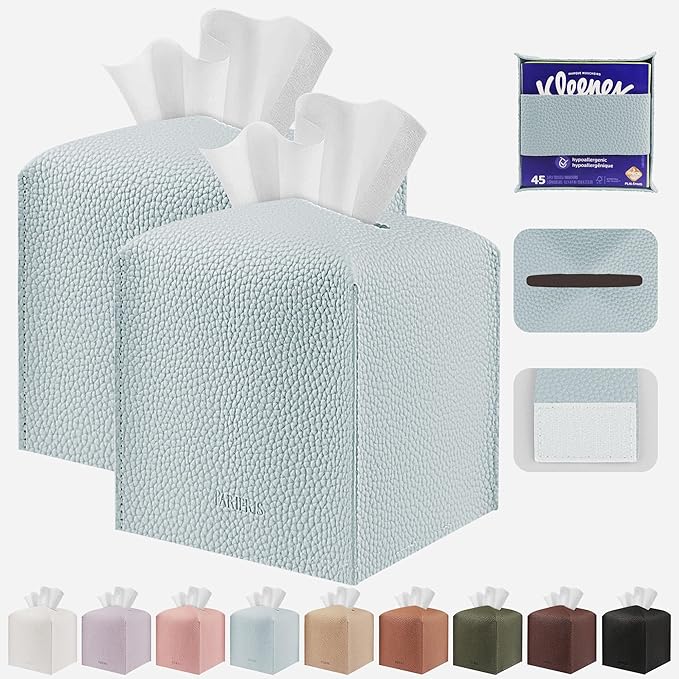 Tissue Box Cover Holder Square Tissue Cube Cover PU Leather Tissue Organizer with Bottom Belt for Bathroom, Tabletop, Car, Night Stands, Office, Home, Kitchen (2, Blue)