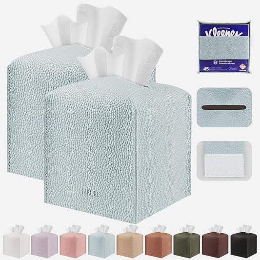 Tissue Box Cover Holder Square Tissue Cube Cover PU Leather Tissue Organizer with Bottom Belt for Bathroom, Tabletop, Car, Night Stands, Office, Home, Kitchen (2, Blue)