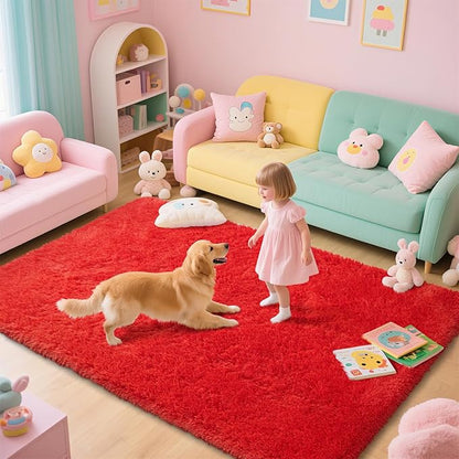 Red Shag Area Rugs for Bedroom Living Room,Ultra Soft Fluffy Christmas Area Rugs 4X6 for Dorm,Indoor Carpet Plush Rugs for Living Room Home Decor,Red