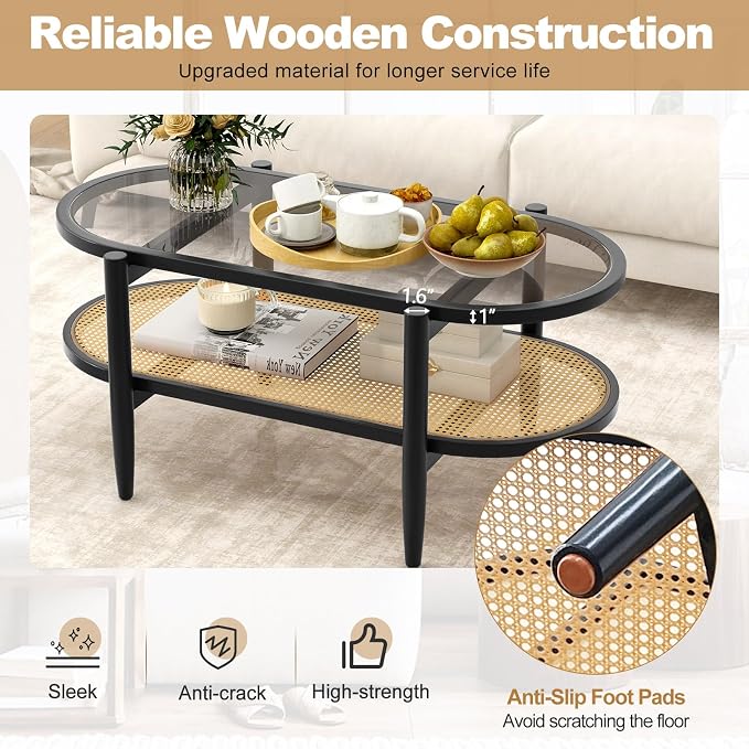 Giantex Rattan Coffee Table, 2-Tier Oval Wood Tea Table with Tempered Glass Tabletop & PE Rattan Storage Shelf, 40" Boho Cocktail Tables, Mid Century Modern Center Table for Living Room Office, Black