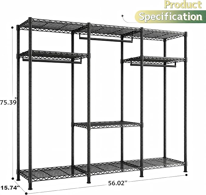 Raybee Heavy Duty Clothes Rack Load 800 LBS, Adjustable Clothing Racks for Hanging Clothes, Clothing Rack with Shelves for Bedroom,Basement 56''W x 15.7''D x 75.4''H, Black