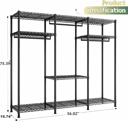 Raybee Heavy Duty Clothes Rack Load 800 LBS, Adjustable Clothing Racks for Hanging Clothes, Clothing Rack with Shelves for Bedroom,Basement 56''W x 15.7''D x 75.4''H, Black