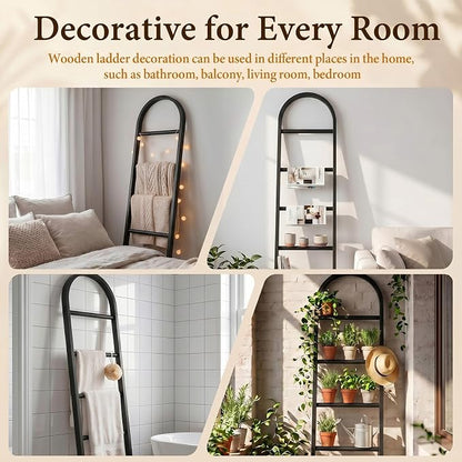 Sintuff Arched Blanket Ladder for Living Room, 5.5ft Wooden Blanket Rack, 5-Tier Natural Leaning Ladder Shelf for Farmhouse Bedroom Living Room Bathroom Decor (Arch,Balck)