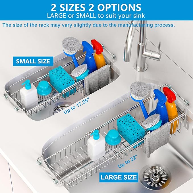 FavoThings Over The Kitchen Sink Caddy Sponge Holder Organizer Drying Rack Expandable for Sponge Brush Soap Dish Cloth Rag Smaller 12.25" to 17.25", Stainless Steel