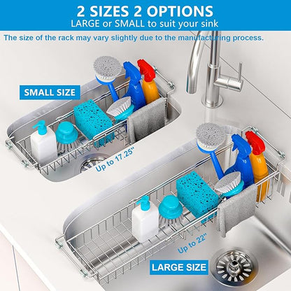 FavoThings Over The Kitchen Sink Caddy Sponge Holder Organizer Drying Rack Expandable for Sponge Brush Soap Dish Cloth Rag Smaller 12.25" to 17.25", Stainless Steel