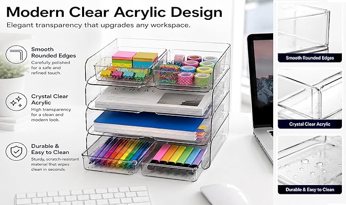 DCA 4 Tier Acrylic Desk Organizer with 4 Storage Bins, Clear Paper Tray Organizer for Letter Size Files, Office Desk Organization System for Documents, School Supplies & Accessories