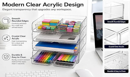 DCA 4 Tier Acrylic Desk Organizer with 4 Storage Bins, Clear Paper Tray Organizer for Letter Size Files, Office Desk Organization System for Documents, School Supplies & Accessories