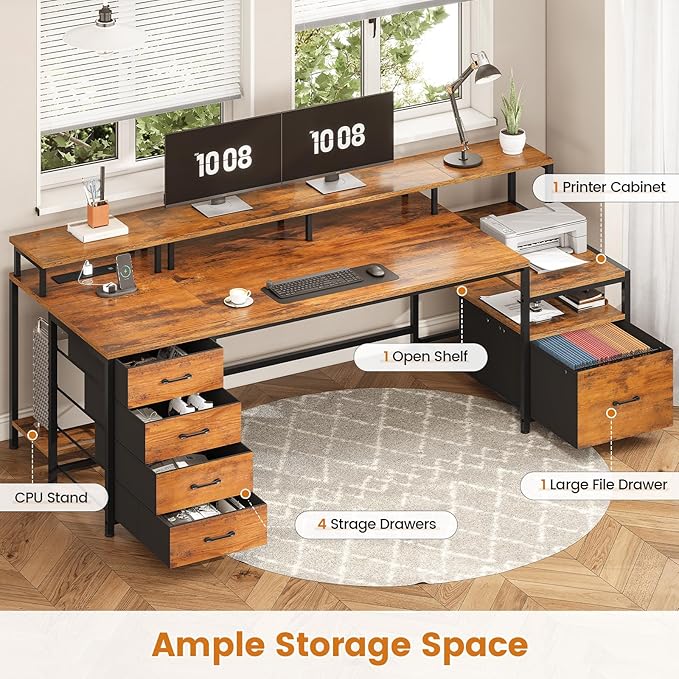 SEDETA Home Office Desk with File Drawer & Power Outlet, 75'' Large Computer Desk with 5 Drawer, Storage Shelves, Monitor Shelf and Led Lights, 23.6" W Desktop Gaming Desk, Rustic Brown