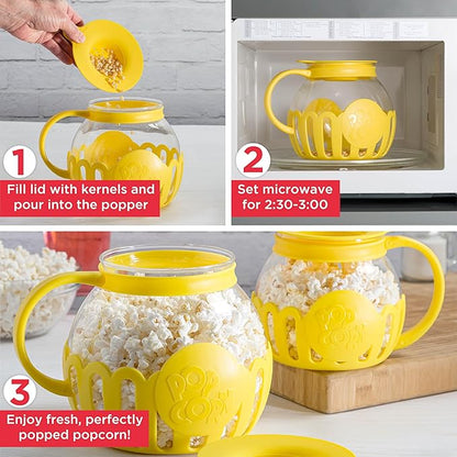 Ecolution Patented Micro-Pop Microwave Popcorn Popper with Temperature Safe Glass,3-in-1 Lid Measures Kernels and Melts Butter,Made Without BPA,Dishwasher Safe,3-Quart,Yellow,(Pack of 4)