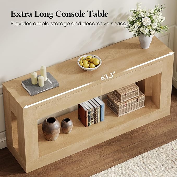 63" Long Console Table with 2 Drawers, Farmhouse Sofa Table Behind Couch with Heavy Duty Legs, Entryway Table for Living Room, Entrance, Hallway, Foyer, Natural Wood