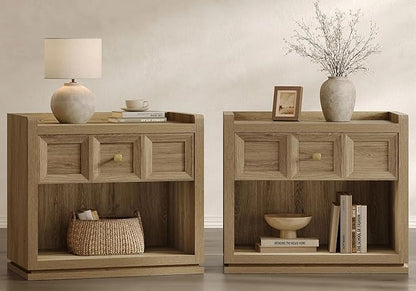 SICOTAS Night Stand Set 2, 26" Wide Nightstands with Drawer, Large Queen Size Nightstands Set of 2, Modern Bedside Table for Bedroom, Side End Table (Brown Oak, 26-Inch)