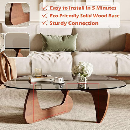 Modern Coffee Table for Living Room and Small Spaces, 43.3" x 29.5" x 15.8" Triangle Tempered Glass Table Top and Eco-Friendly Solid Wood Base, Walnut