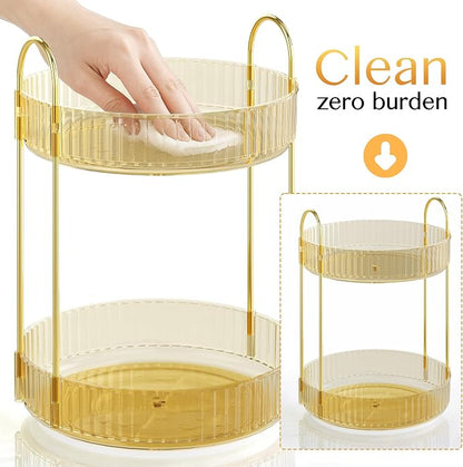 Rotating Makeup Organizer Countertop,Skincare Organizers,Spinning Perfume Tray Stand,Makeup Storage Organizer for Vanity,Bathroom Organizer and Storage,Lazy Susan,2 Tier,Gold