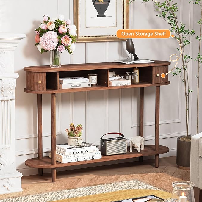 ARTPOWER Modern Entryway Table with Wood Tambour Door, Accent Behind Couch Sofa Console with Storage, Fluted Side Table for Hallway, Living Room, Foyer, Brown