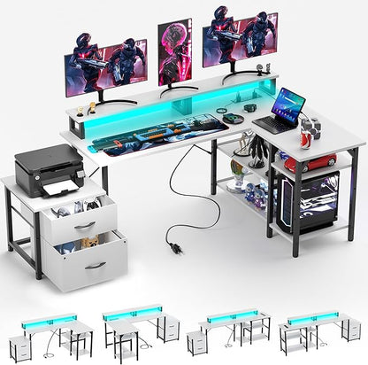 YOUNGAR Office Desk L Shape with File Drawers&Power Outlet, 69.3 Inch Reversible L Shaped Computer Desks,Corner L Shape or Long Desk Set up, Monitor Stand &Storage Shelves,LED Lights&CPU Stand,White
