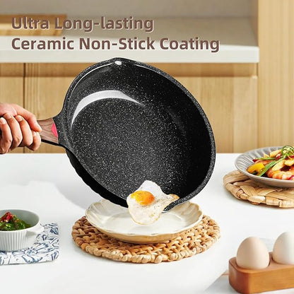 Vinchef Non Stick Frying Pans Set,10" & 12" Ceramic Pan with Lid, Deep Frying Pan & Saute Skillet, PFAS PFOA & PTFE Free, Visual Heat Indicator, Induction Ready, Frying Pans Nonstick Skillet with Lid