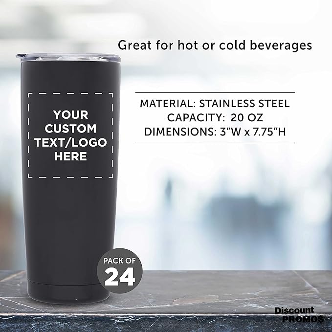Custom Pipette Stainless Steel Coffee Tumblers 20 oz. Set of 24, Personalized Bulk Pack - Double Wall, Perfect for Coffee, Hot Cocoa, Other Hot & Cold Beverages - Black