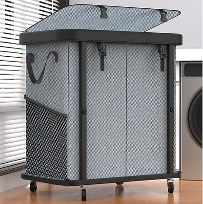 190L (50 Gal) Large Fashion Laundry Basket with Wheels, Leather Patchwork Rolling Hamper Carts, Sturdy Metal Frame, Removable Washable Bag, Tall Clothes Sorter for Bedroom - 2 Setion Gray