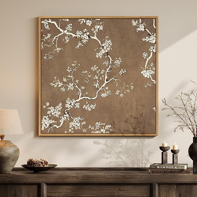 Framed Brown Botanical Square Wall Art for Room Decor, Vintage Floral Neutral Elegant Canvas Artwork for Walls, Retro Flower Blossom Painting Print for Living Room Bedroom Office Wall Decor, 24x24 In