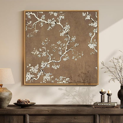 Framed Brown Botanical Square Wall Art for Room Decor, Vintage Floral Neutral Elegant Canvas Artwork for Walls, Retro Flower Blossom Painting Print for Living Room Bedroom Office Wall Decor, 24x24 In