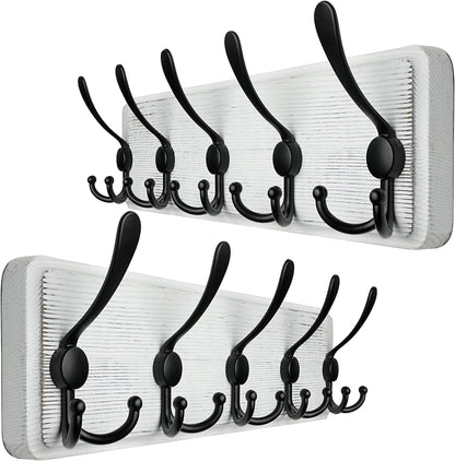 WEBI Coat Rack Wall Mount,Wood Coat Hooks Wall Mounted Coat Hanger,16" Hole to Hole,Wall Hook Rack Rail,5 Triple Hooks for Hanging Coats,Clothes,Jacket,Hats,Entryway,Black/White,2 Packs