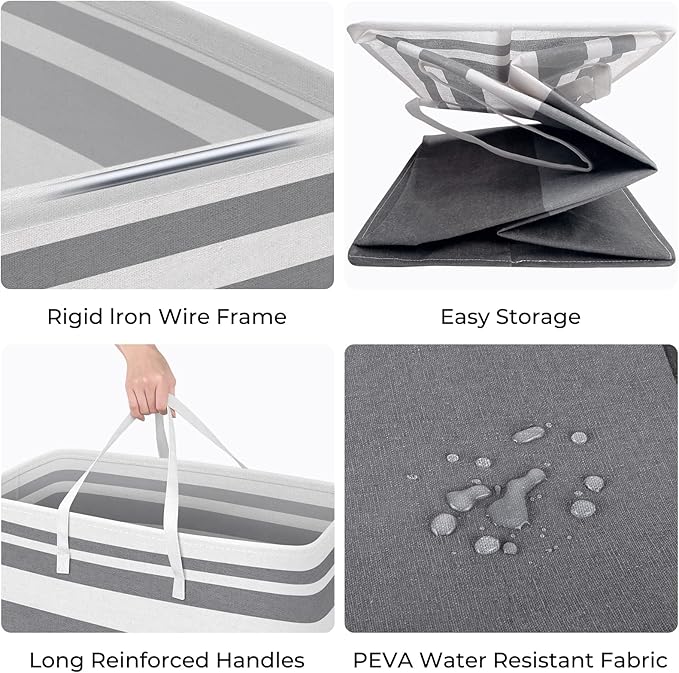HomeHacks 2 Pack Large Laundry Baskets, Waterproof, Freestanding Laundry Hampers, Collapsible Clothes Hamper with Reinforced Handles in Laundry, College Dorm, Bathroom, Bedroom (Grey+Blue, 100Lx2)