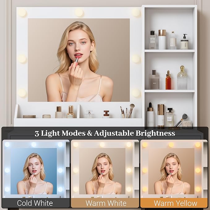 Makeup Vanity with Mirror and Lights, 34'' Wide Dressing Table & RGB Glass Cabinet, Small Vanity Desk with 3 Color Lighting Modes & Adjustable Brightness, White