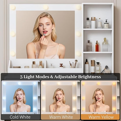 Makeup Vanity with Mirror and Lights, 34'' Wide Dressing Table & RGB Glass Cabinet, Small Vanity Desk with 3 Color Lighting Modes & Adjustable Brightness, White