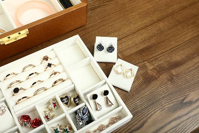 Solid Walnut Wood Jewelry Box with Lock, 2-Layer Vintage Jewelry Organizer for Men Women, Velvet-Lined Storage Chest with Key Lock (Beige)