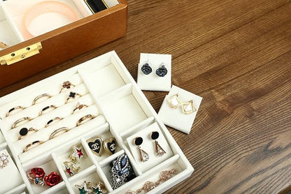 Solid Walnut Wood Jewelry Box with Lock, 2-Layer Vintage Jewelry Organizer for Men Women, Velvet-Lined Storage Chest with Key Lock (Beige)