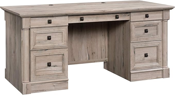 Sauder Palladia Office Desk with Drawers, Executive Desk with File Cabinet Storage, Cable Management, Keyboard Tray, in Split Oak Finish