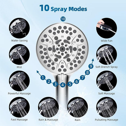 Hibbent All Metal cUPC Certified Shower Head, 10'' High Pressure Rainfall Shower Head, Handheld Showerhead Combo with 16'' Adjustable Extension Arm, 10 Sprays, 71'' Hose, Showerhead Holder, Chrome