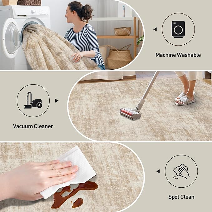 6x9 Area Rugs Washable Rug: Large Modern Abstract Living Room Rug Soft Anti-Skid Thin Carpet Indoor Floor Non-Shedding Carpets for Bedroom Dining Room Farmhouse Nursery Home Office Beige