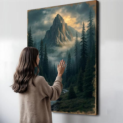 TAILORED CANVASES Sanctuary of the Peak Wall Art Mountain Landscape Featuring Misty Mountain Scene, Black and White Mountain with River, Nature Canvas Decor for Living Room Bedroom Office 12x18