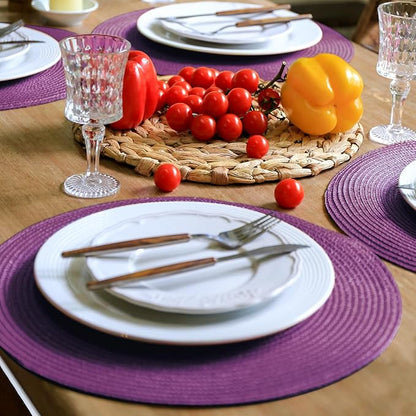 FunWheat Round Braided Placemats Set of 8 Table Mats for Dining Tables Woven Washable Non-Slip Place mats 15 inch(Purple,8pcs)