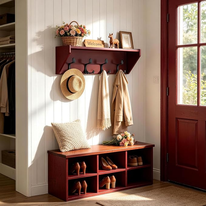 SKOLOO Wall Shelf with Hooks, 24-Inch Cherry Coat Rack Wall Mount with Shelf Organizer - Heavy Duty, 4 Tri Hooks - Perfect for Entryway, Hallway, Living Room, Bedroom, Mudroom
