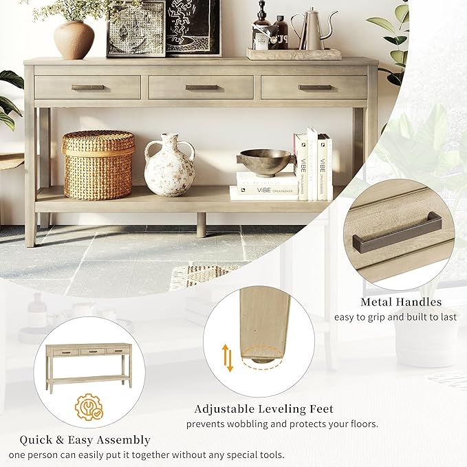 Merax Entryway Console Table with Storage, 3 Drawers Design/Wood Frame/Behind Couch & Sofa, Grey