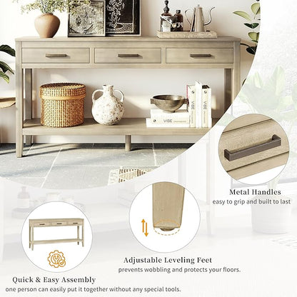 Merax Entryway Console Table with Storage, 3 Drawers Design/Wood Frame/Behind Couch & Sofa, Grey