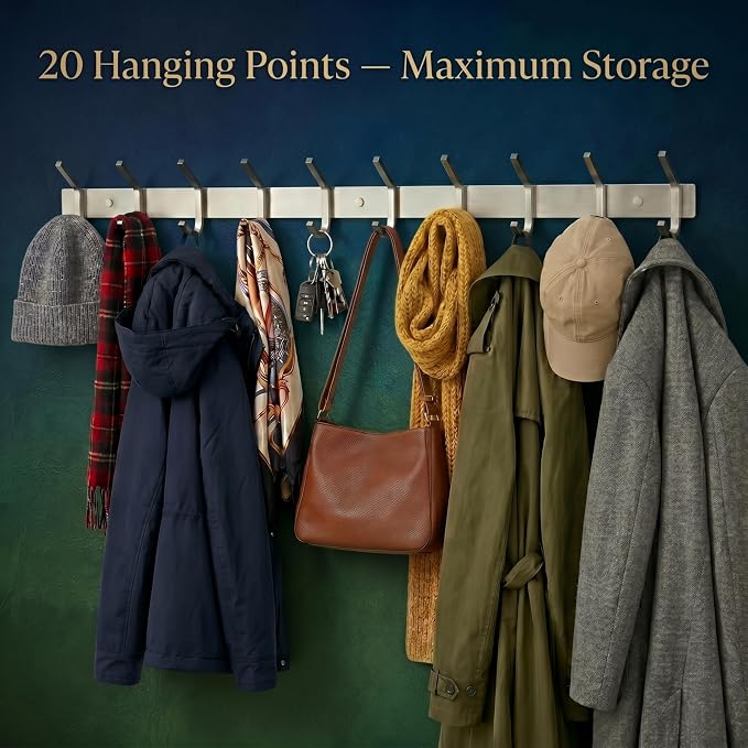 Coat Rack Wall Mount – Brushed Nickel 30 Inch Stainless Steel Hook Rail with 10 Heavy Duty Double Coat Hooks – Wall Mounted Coat Hanger for Entryway, Bathroom, Bedroom, Towel, Hat Organizer