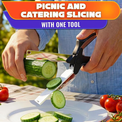 2 in 1 Kitchen Scissors for Food – Stainless Steel 9.5" Tomato Knife Chops Vegetables, Fruit, Cheese, Meat in Seconds | Dishwasher Safe Cutting Board Scissors with Safety Lock – Kitchen Gift for Dad