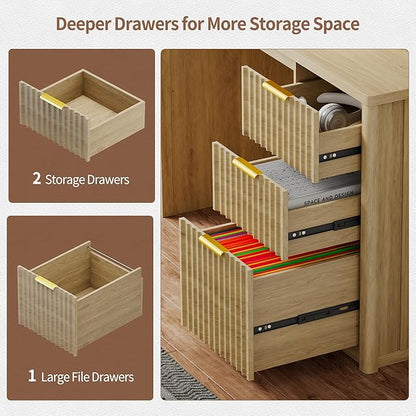 FREDEES LED Study Desk with Hutch, Home Office Desk with Charging Station & Storage Drawer, 70'H Writing Table with Glass Display Cabinet, 3 Color Light Computer Desks for Study, Wood