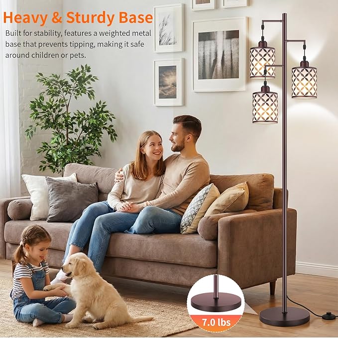 New Upgraded 72" Tall Dimmable Floor Lamp, 3 x 800LM 9W LED Bulbs Included, Farmhouse Standing Lamp with Remote Control, Industrial Tree Pole Floor Lamps for Living Room, Bedroom, Study Room - Brown