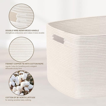 SunNewt 45L Small Baby Girls Laundry Basket for Nursery Storage,Cute Woven cotton Rope Baskets for Kids Toy，Gifts,Boho Square Wicker Blanket hamper for Living Room,Bedroom Dirty Clothes, White