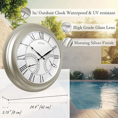 24 Inch Outdoor Clocks Waterproof, Self-Illuminated Large Outdoor Clock with Thermometer and Hygrometer Combo for Patio,Pool and Garden Decor,Roman Numeral,Morning Silver