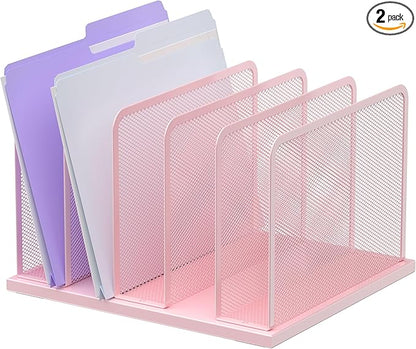 Kuntine.B Desk File Organizer Upright Mesh Desktop Organizer File Sorter Office Organization File Holder for Home, Office & Classroom (Pink, 1 Pack 5-Section)