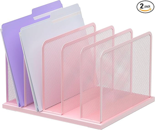 Kuntine.B Desk File Organizer Upright Mesh Desktop Organizer File Sorter Office Organization File Holder for Home, Office & Classroom (Pink, 1 Pack 5-Section)