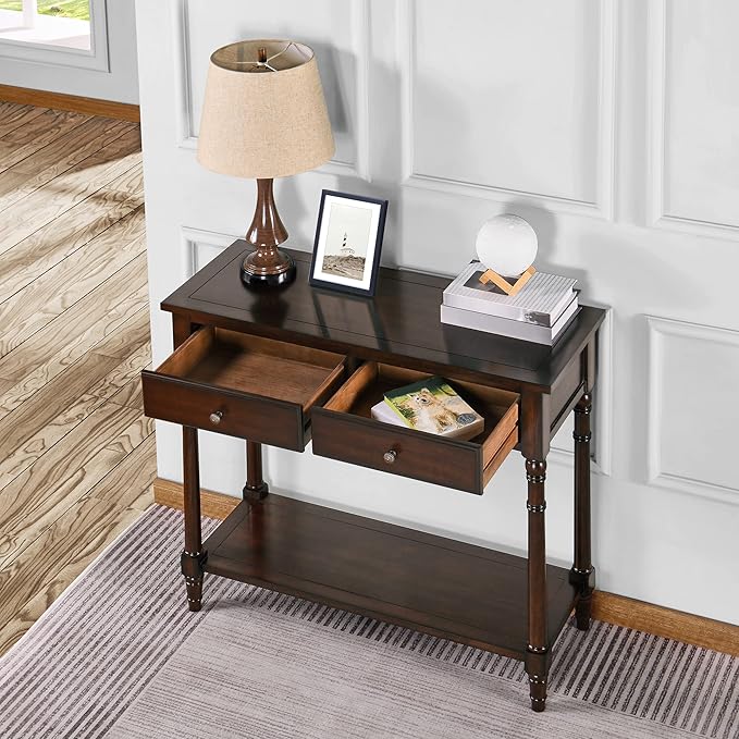 Solid Wood Console Table with 2 Drawers, 2-Tier 35.4" X 30" Accent Sofa Table with Multilayer Storage Shelf Rustic Hall Entryway Tables for Living Room Home Office-Walnut 004DC