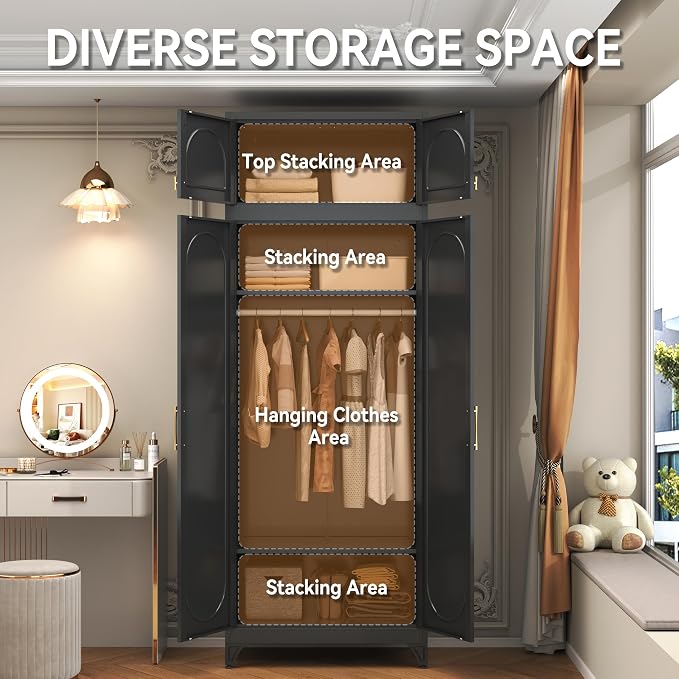 Polup Metal Armoire Wardrobe Closet, 86 Inch Tall Freestanding Wardrobe Cabinet with Hanging Rod, Bedroom Armoires with Doors, 18" D x 32" W x 86" H, Black, Assemble Required, Shipped in Two Packages