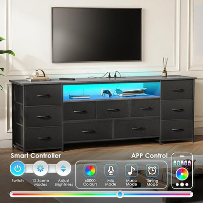 Huuger 63 Inch TV Stand for 65, 70 Inch TV, 11 Drawer Long Dresser with Power Outlets and LED Lights, Entertainment Center with Storage, Grey Dresser with PU Leather Surface